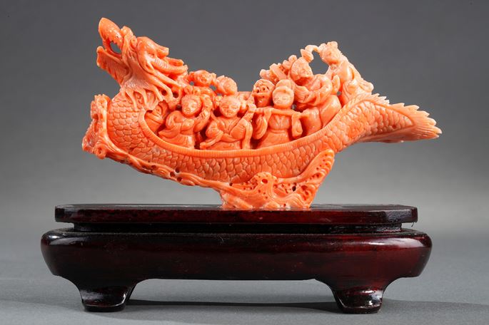 Chinese coral dragon shaped boat with women musicians on it | MasterArt